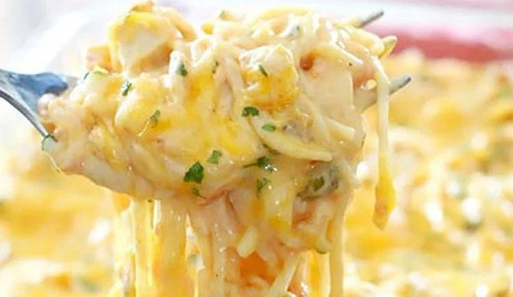 Creamy chicken spaghetti served with herbs and garnished with parmesan cheese