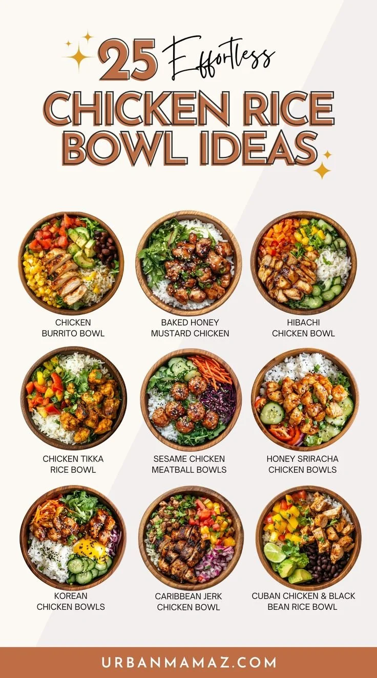 Colorful chicken rice bowls prepared for meal prep with fresh ingredients