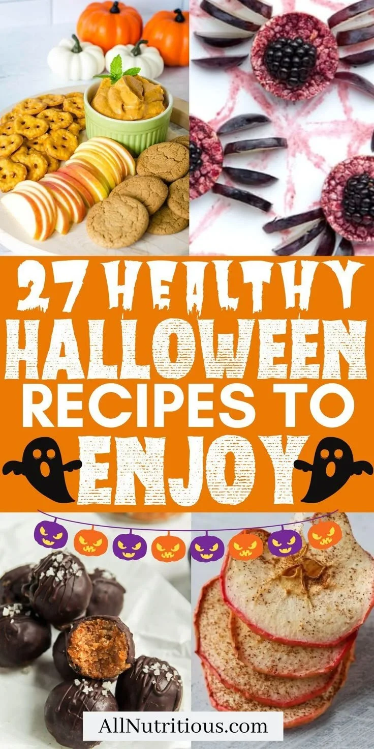 A variety of healthy Halloween recipes displayed on a festive table.