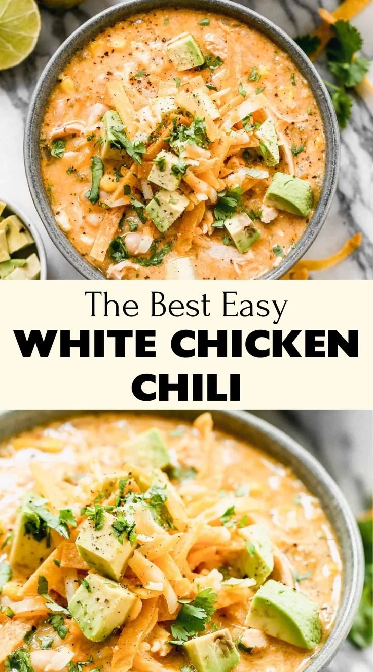 Delicious bowl of Award Winning White Chicken Chili topped with fresh herbs.