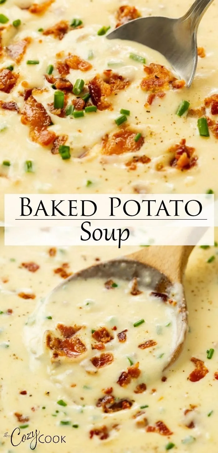 Bowl of creamy baked potato soup garnished with cheese and chives