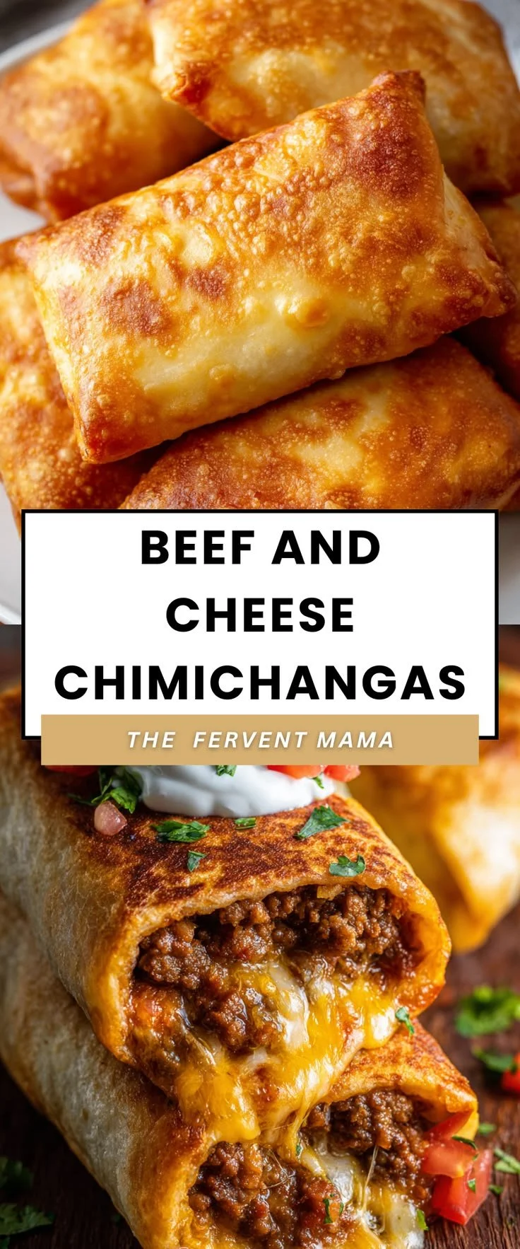 Delicious beef and cheese chimichangas garnished with fresh toppings