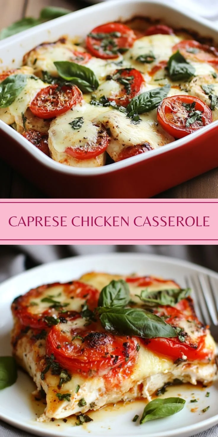 A delicious Caprese Chicken Casserole with tomatoes, basil, and mozzarella.