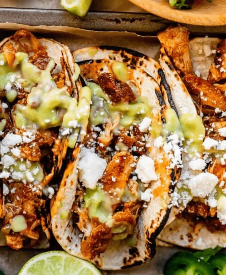 Delicious chicken tacos made with slow cooker or stovetop methods.