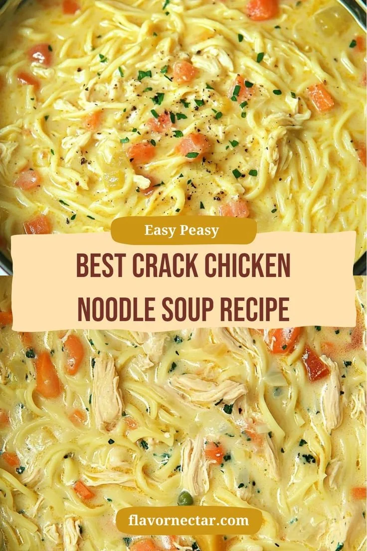 Bowl of creamy Crack Chicken Noodle Soup garnished with herbs.