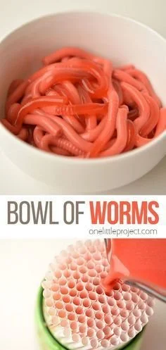 Colorful bowl of homemade Jello worms for Halloween dessert