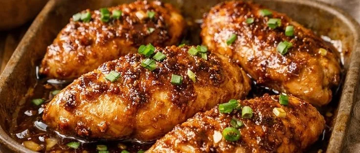 Brown sugar garlic chicken breasts served on a plate with herbs