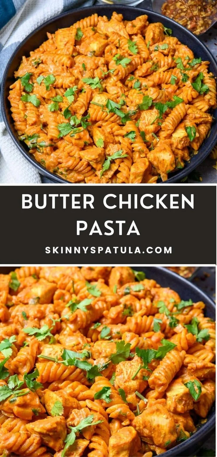 A bowl of creamy butter chicken pasta garnished with fresh herbs and spices.