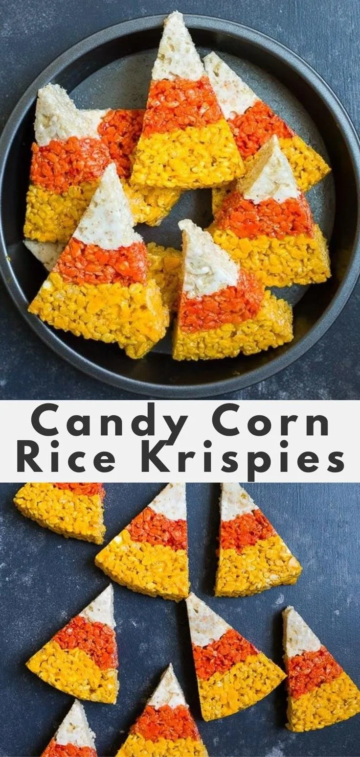 Colorful Candy Corn Rice Krispies treats for Halloween