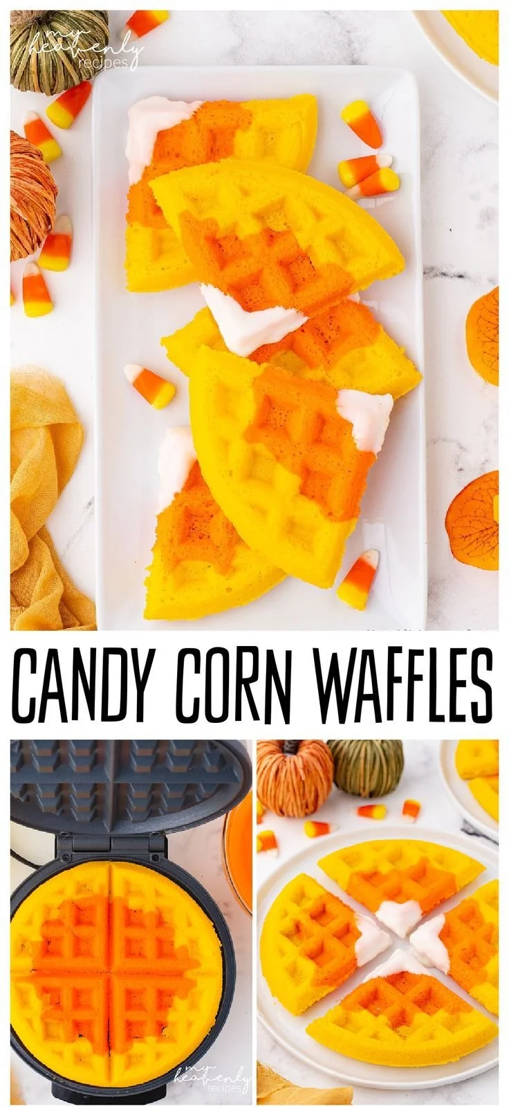 Plate of colorful Candy Corn Waffles for Halloween breakfast