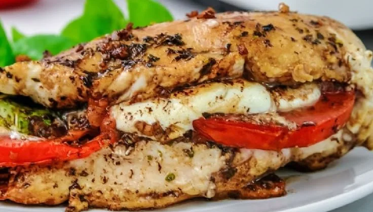 Caprese Stuffed Chicken with fresh basil, mozzarella, and balsamic glaze.