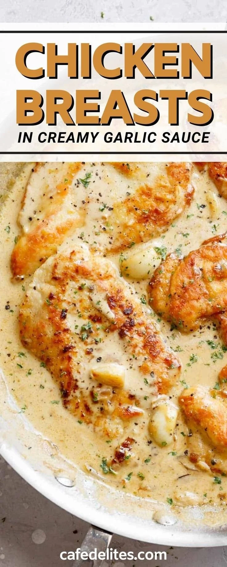 Delicious chicken breasts cooked in creamy garlic sauce on a plate