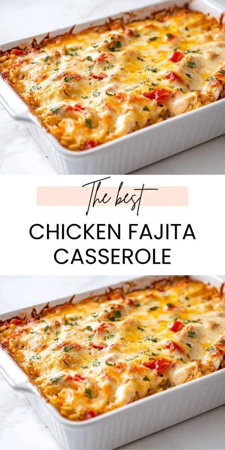 Delicious Chicken Fajita Casserole topped with colorful peppers and melted cheese.