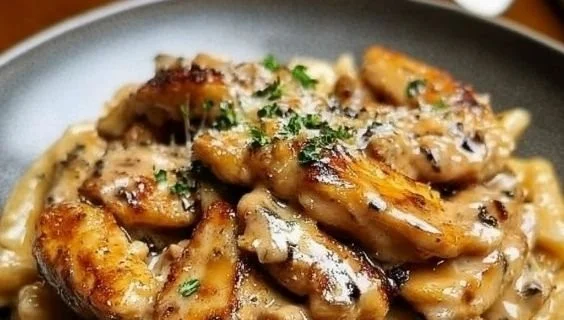 Delicious Chicken Marsala Pasta with mushrooms and wine sauce.
