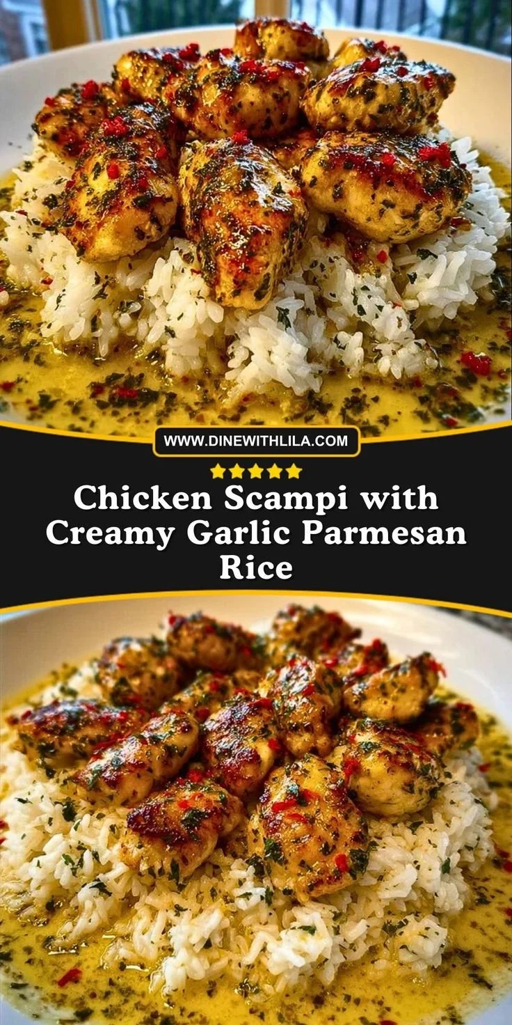 Delicious Chicken Scampi served with creamy garlic Parmesan rice