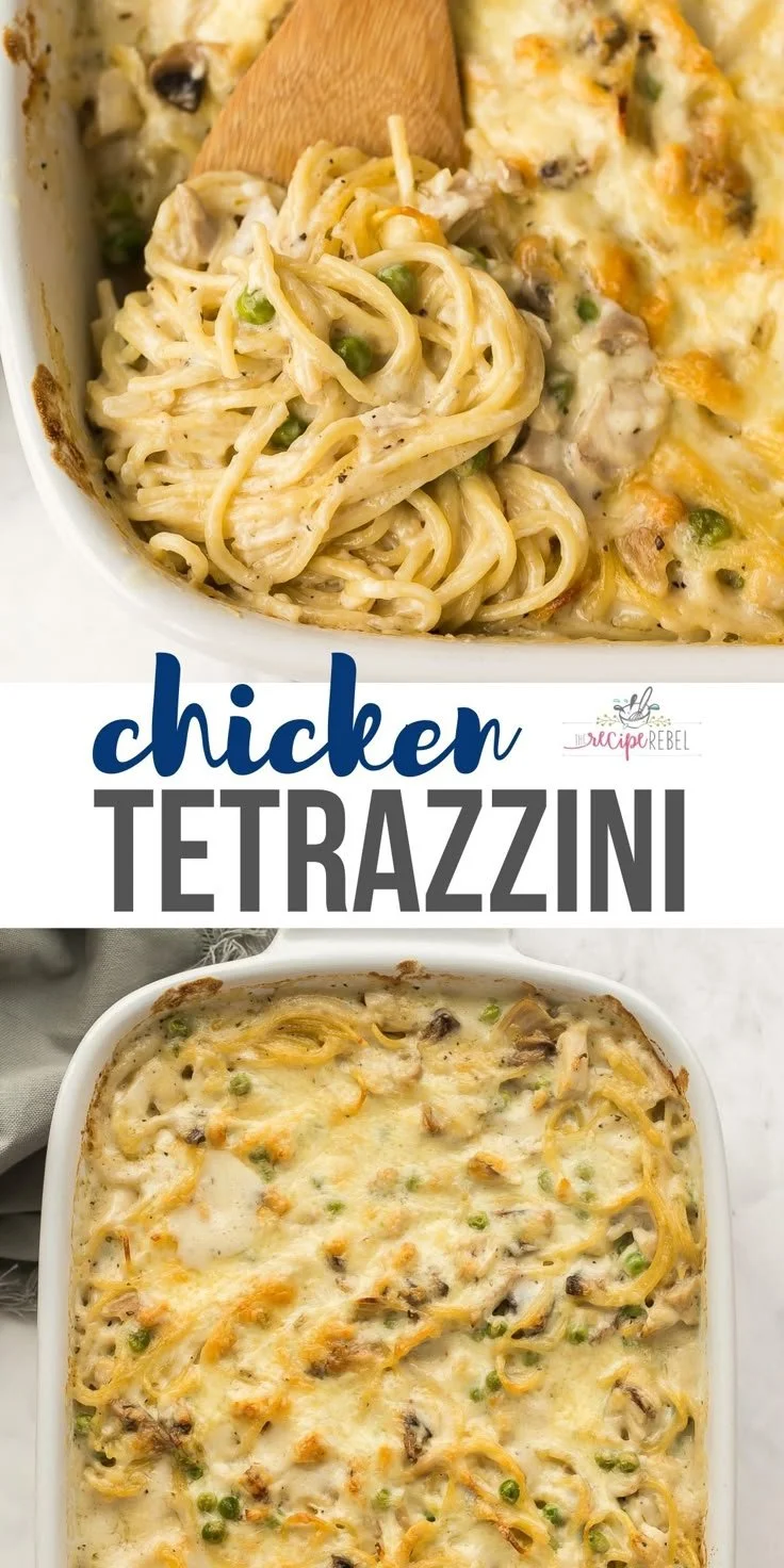 Creamy Chicken Tetrazzini dish served in a casserole dish