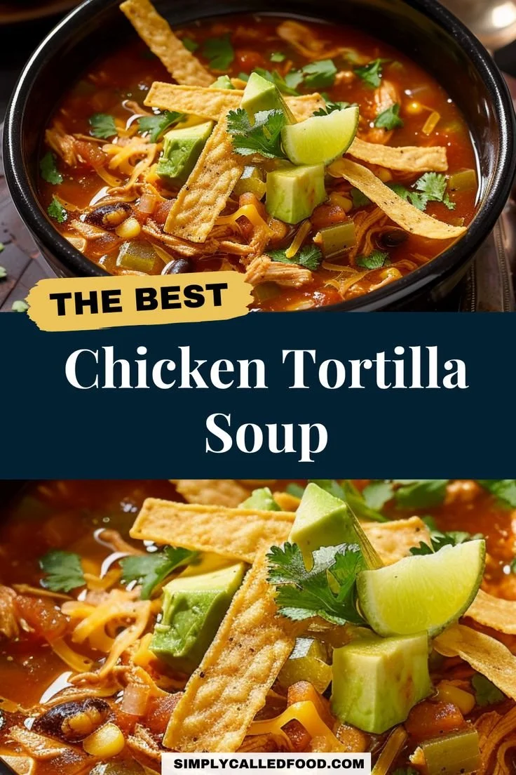 Bowl of Chicken Tortilla Soup topped with tortilla strips and avocado