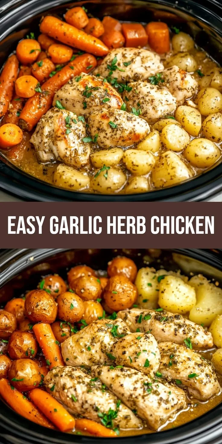 Delicious garlic herb chicken cooked in a crockpot for an easy dinner.
