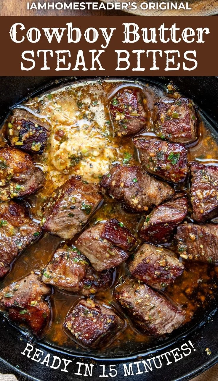Delicious Cowboy Butter Steak Bites served on a plate.