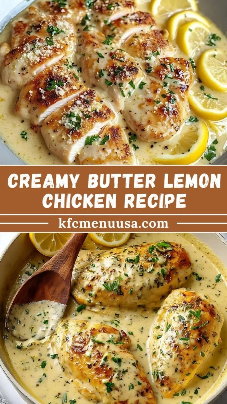 Delicious creamy butter lemon chicken served on a plate with fresh herbs