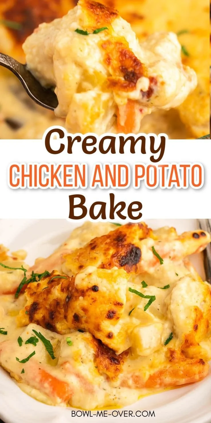 Creamy chicken and potato bake dish served in a white baking dish.