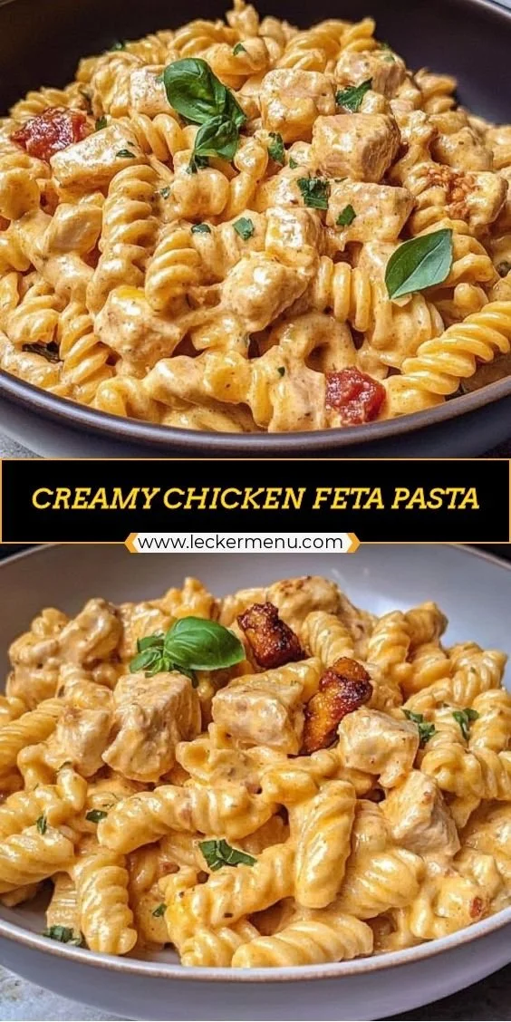 Creamy chicken feta pasta dish with herbs and spices garnished on top