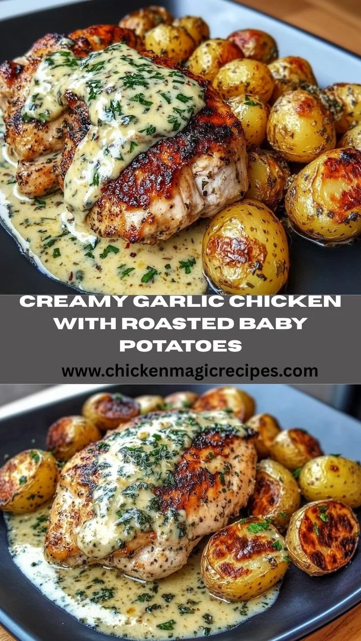 Creamy Garlic Chicken served with delicious roasted baby potatoes
