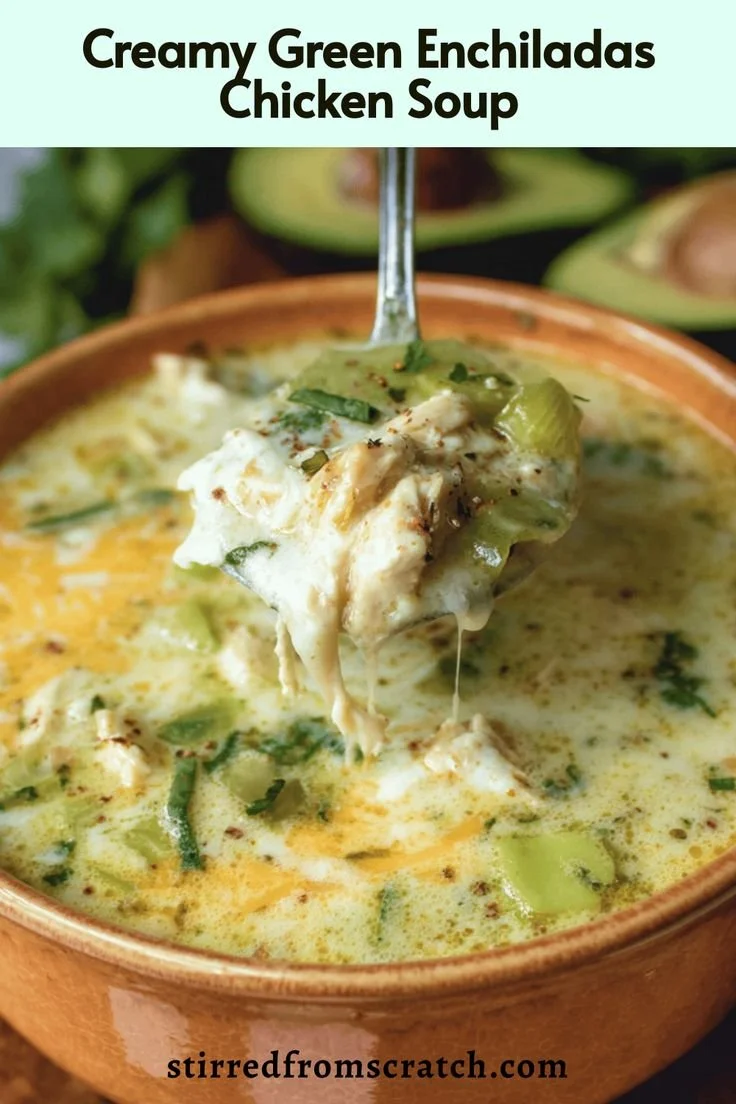 Delicious bowl of creamy green enchiladas chicken soup topped with cilantro and cheese.