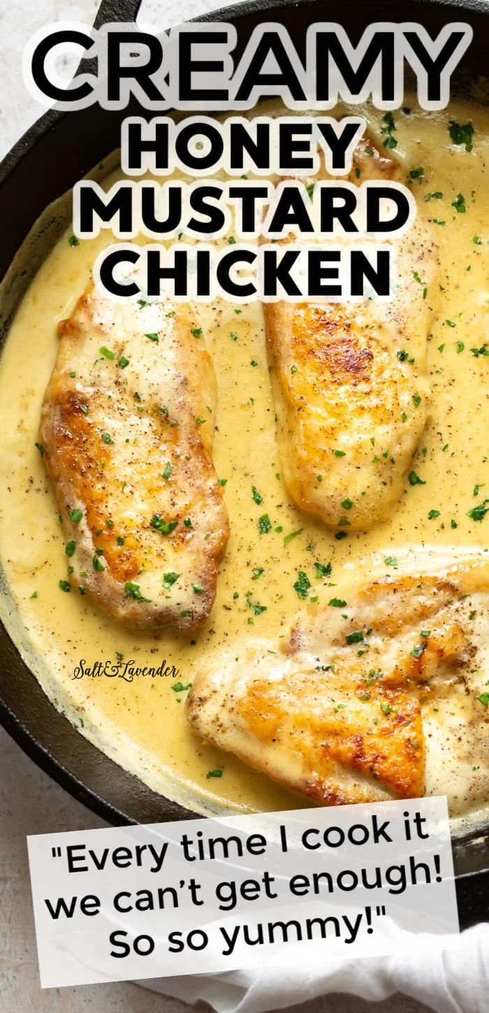 Creamy honey mustard chicken recipe with rich sauce and tender chicken pieces.