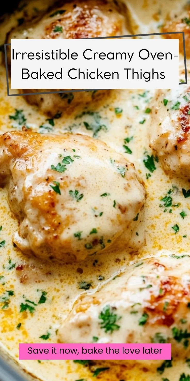 Creamy oven baked chicken thighs garnished with herbs on a serving plate