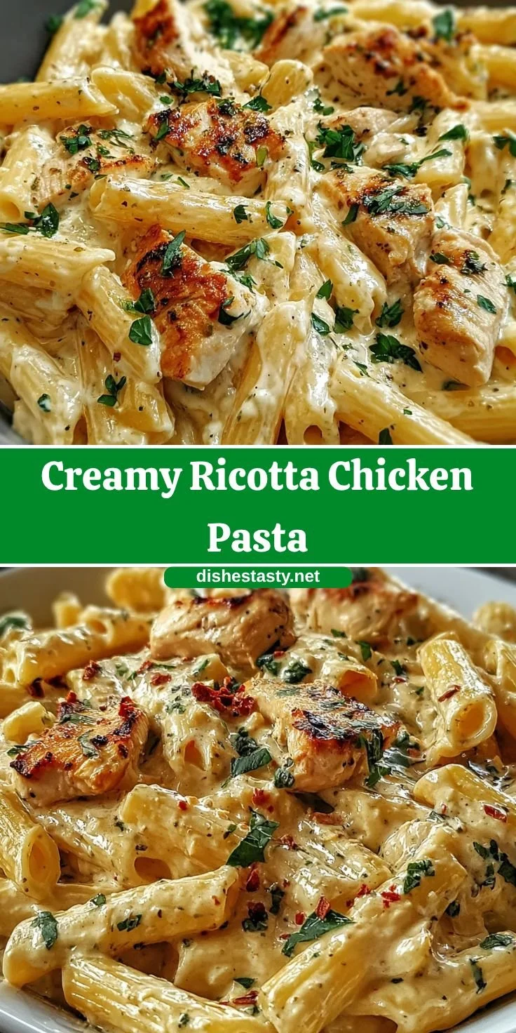 Creamy Ricotta Chicken Pasta dish served in a bowl with herbs.