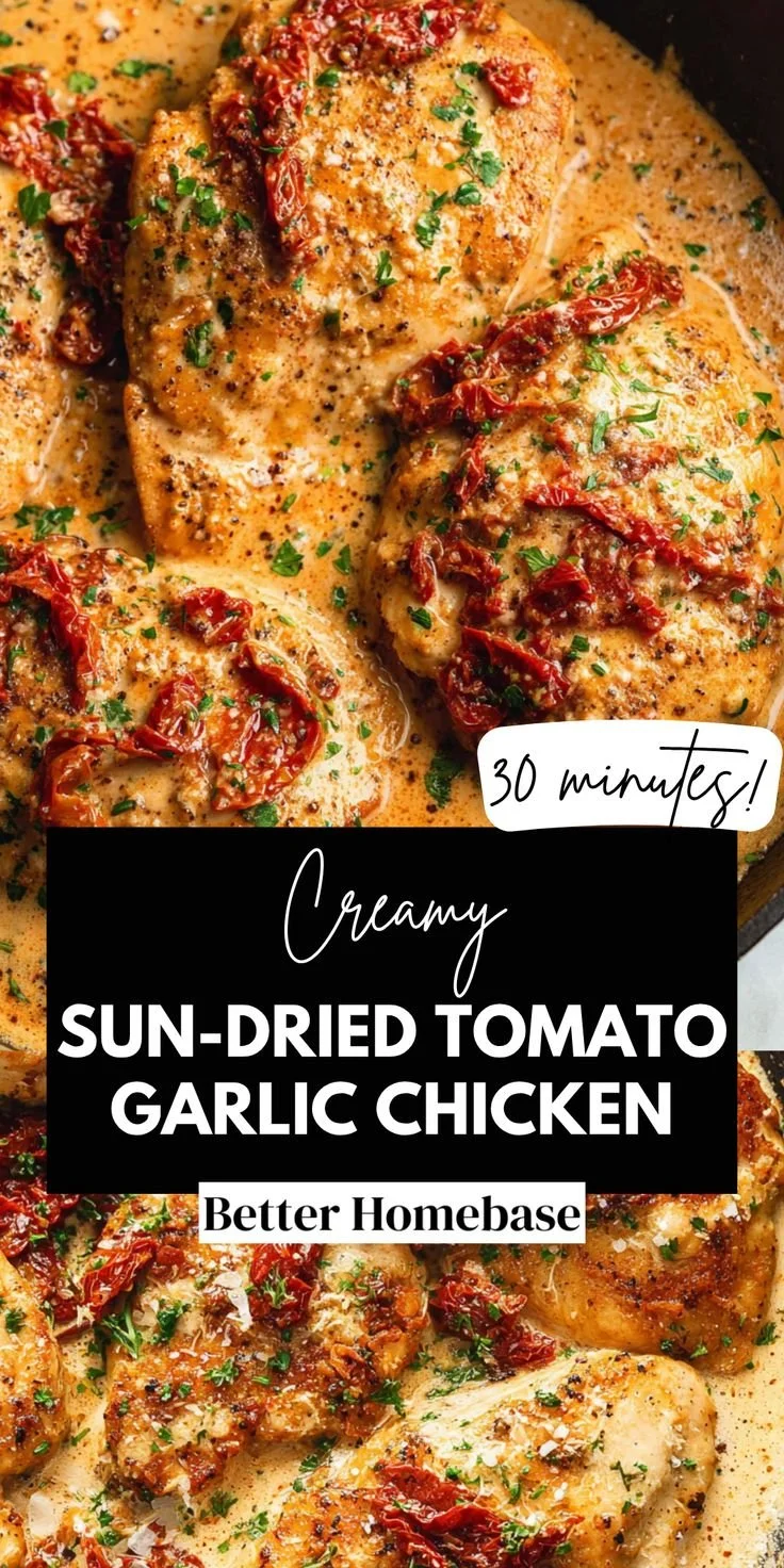 Creamy sun-dried tomato garlic chicken served on a plate with fresh herbs