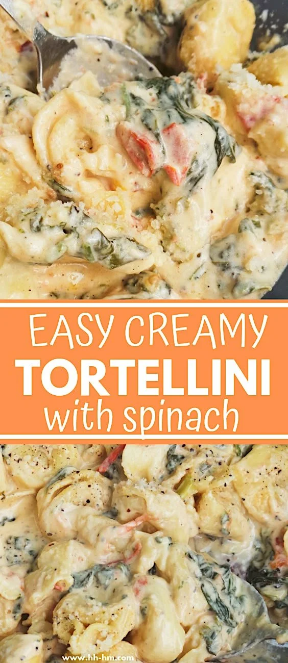 Delicious creamy tortellini served in a bowl with garnishes.