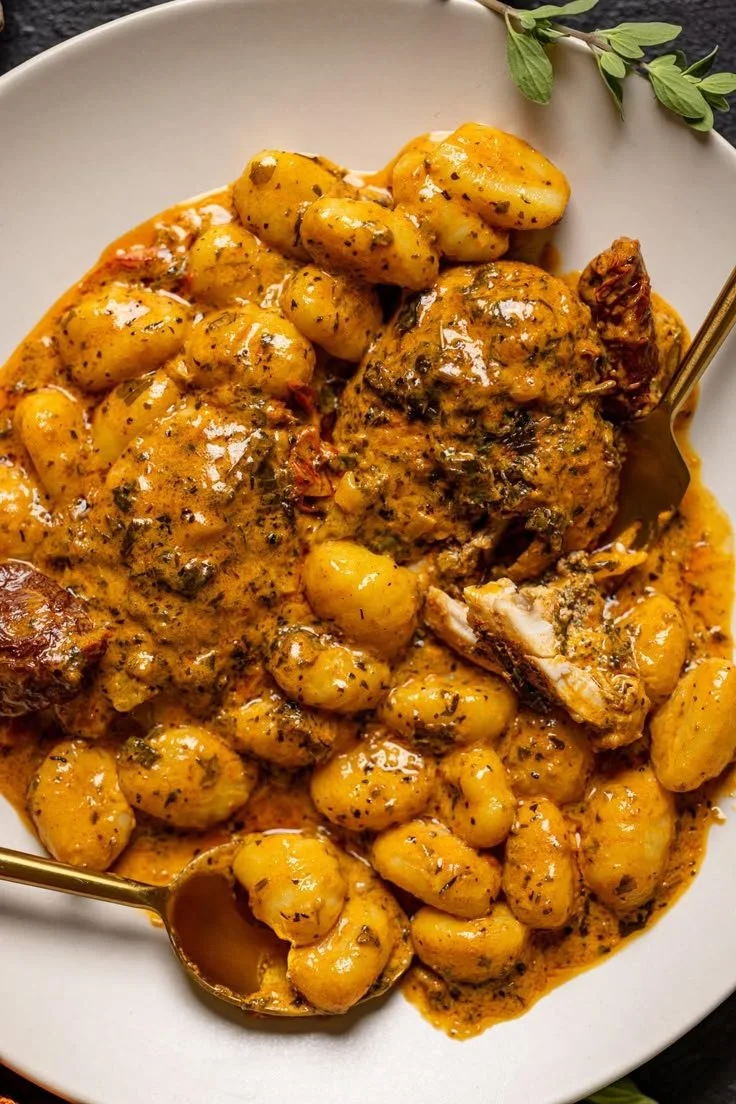 Creamy Tuscan Chicken dish garnished with herbs, perfect for a romantic meal
