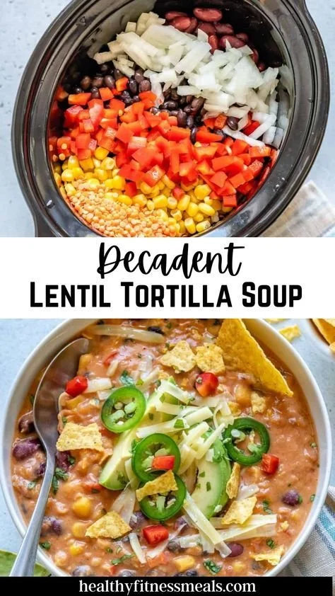 Bowl of creamy vegetarian tortilla soup topped with crispy tortilla strips and avocado