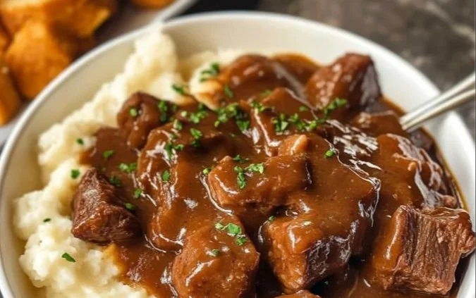 Delicious crock pot beef tips served with rich gravy