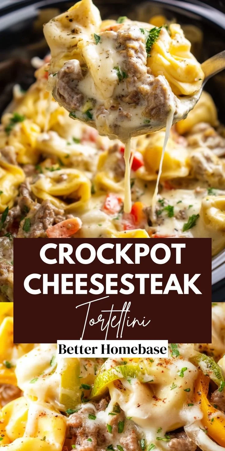 Crock Pot cheesesteak tortellini dish garnished with herbs
