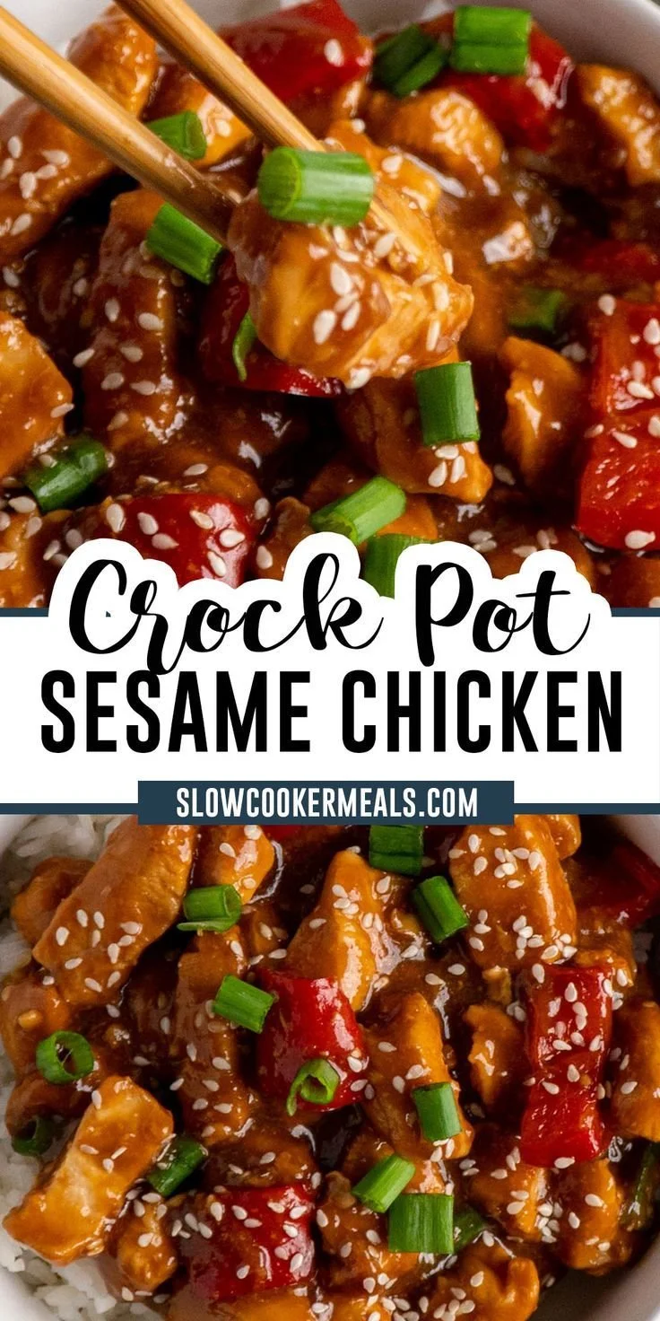 Delicious Crock Pot Sesame Chicken dish served with garnish