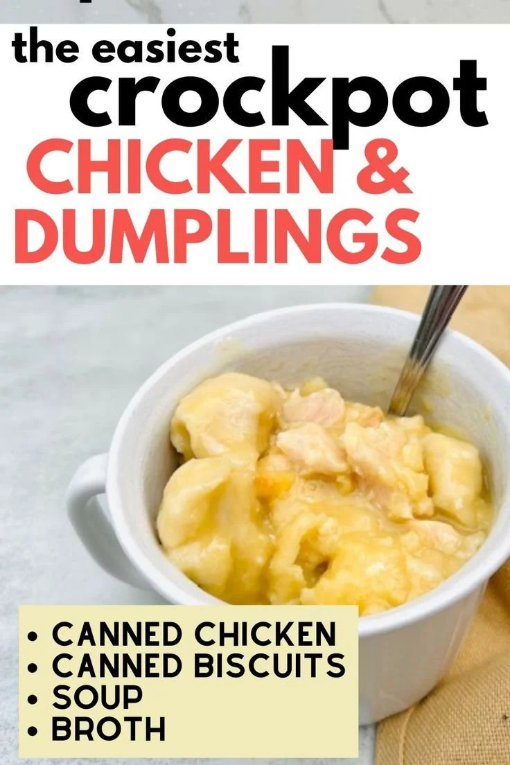 Crockpot chicken and dumplings topped with fluffy canned biscuits