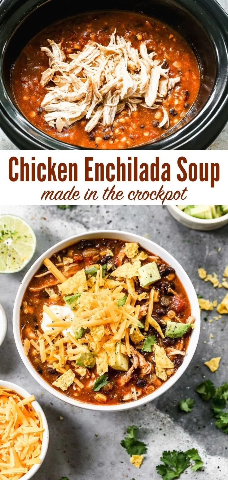 Bowl of Crockpot Chicken Enchilada Soup topped with fresh cilantro and lime