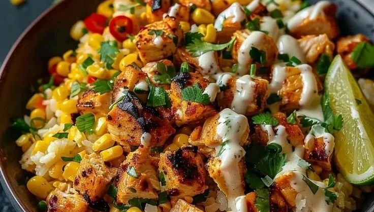 Delicious Street Corn Chicken Rice Bowl ready to serve with vibrant toppings