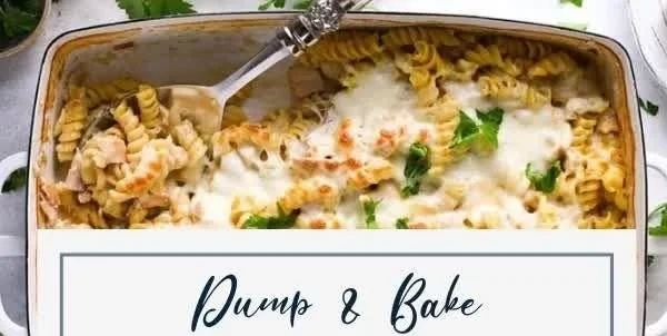 Delicious Dump and Bake Chicken Alfredo Pasta Casserole ready to serve.