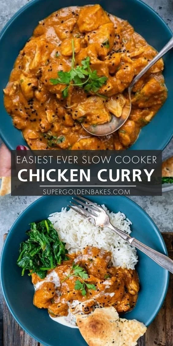 A bowl of slow cooker chicken curry garnished with fresh cilantro.