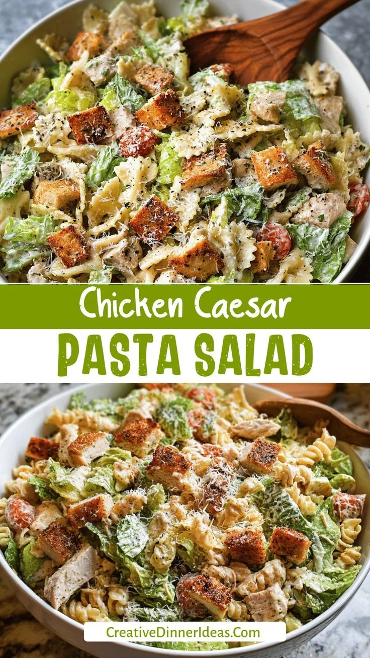 Bowl of easy Chicken Caesar Pasta Salad with toppings and dressing