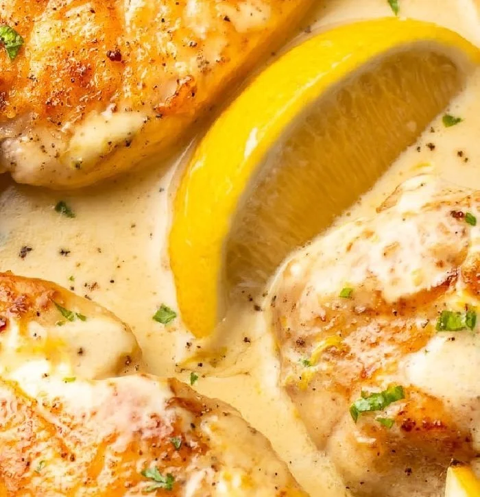 Creamy lemon chicken served on a plate with herbs garnish