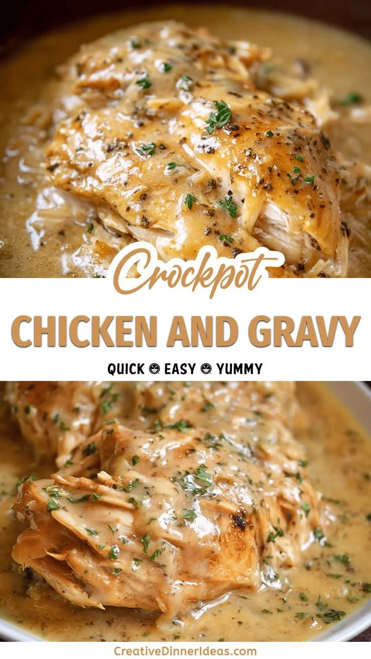 Easy crockpot chicken with creamy gravy served on a plate