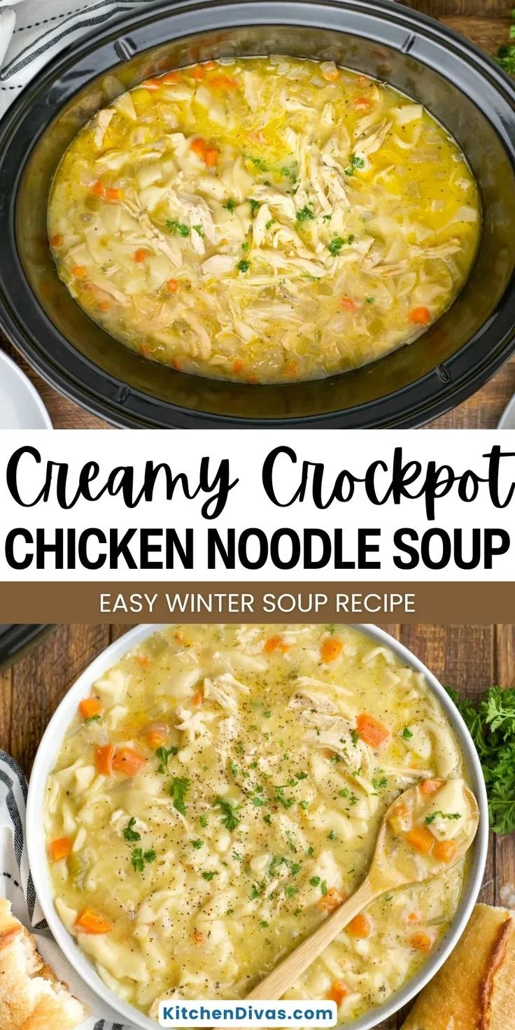 Creamy chicken noodle soup in a crockpot garnished with herbs.