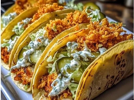 Delicious Dill Pickle Ranch Tacos with smash chicken filling