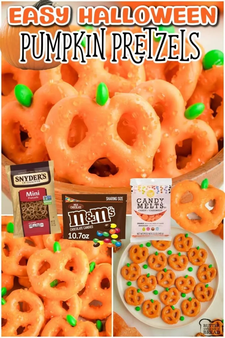 Cute pumpkin pretzels covered in orange chocolate for Halloween treats