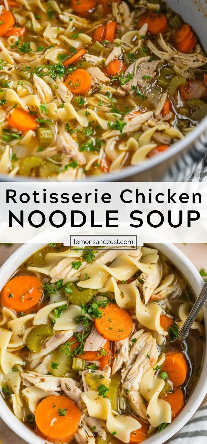 Bowl of easy Rotisserie Chicken Noodle Soup prepared on stove top and slow cooker